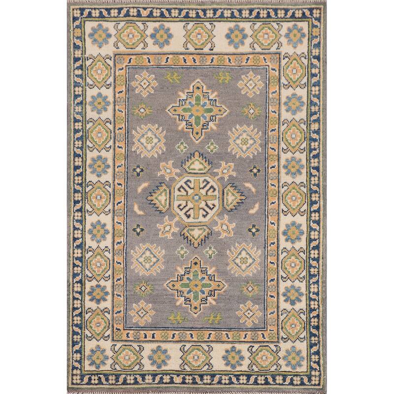Gray Geometric Kazak Accent Rug Handmade Wool Carpet - 2'8" x 4'2"