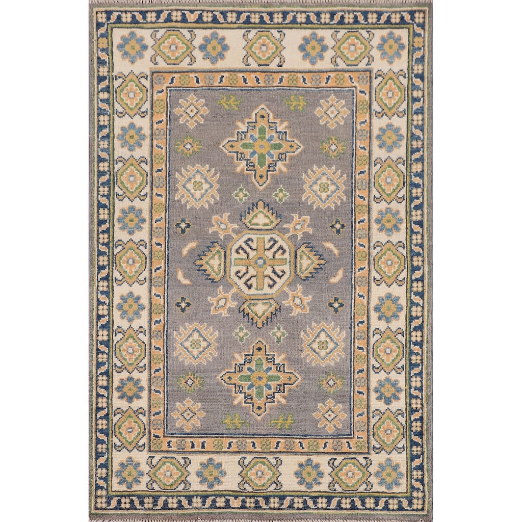 Gray Geometric Kazak Accent Rug Handmade Wool Carpet - 2'8" x 4'2"