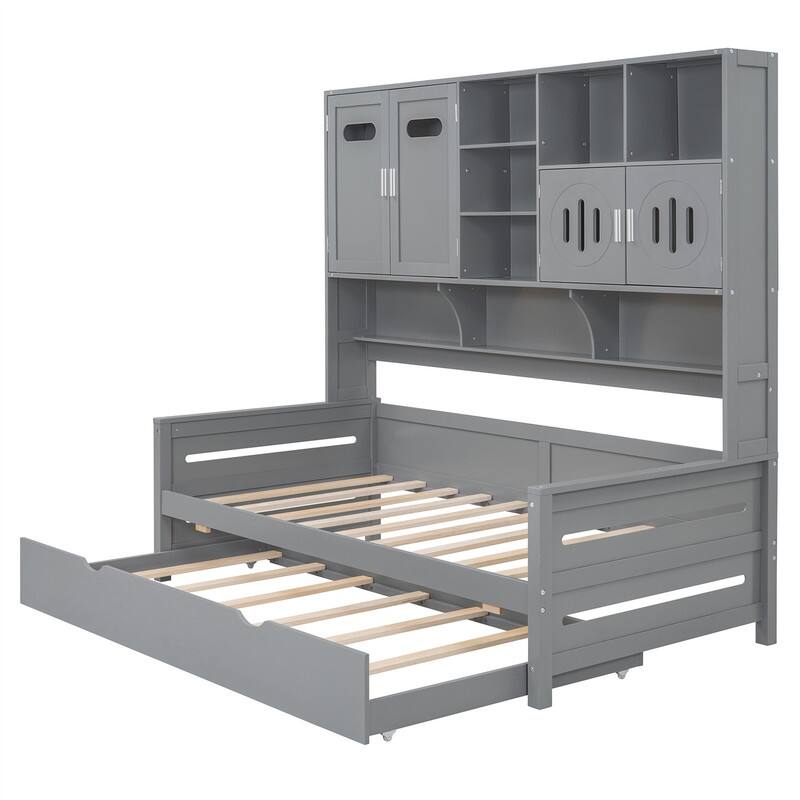 Wooden Daybed with Twin Size Trundle and All-in-One Cabinet, Twin/Full Size Daybed Frame Sofa Bed with Storage Shelves