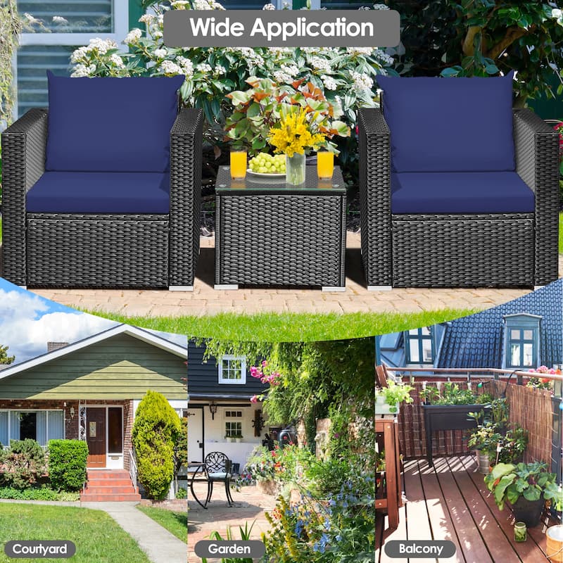 Gymax 3PCS Rattan Patio Conversation Furniture Set Outdoor w/ Navy - See Details