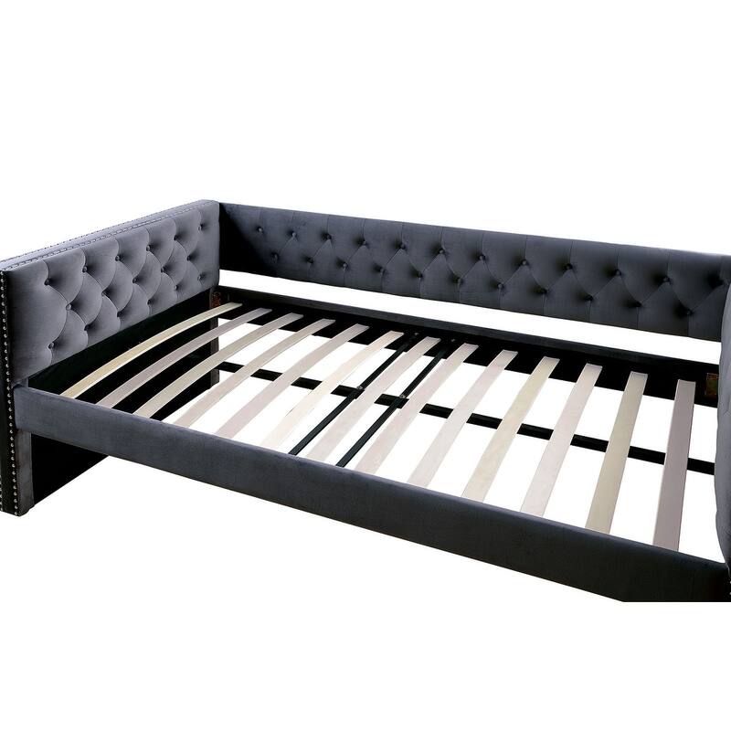 Gray Tufted Upholstered Daybed with Trundle, Nailhead Trim, Slat Kit Included