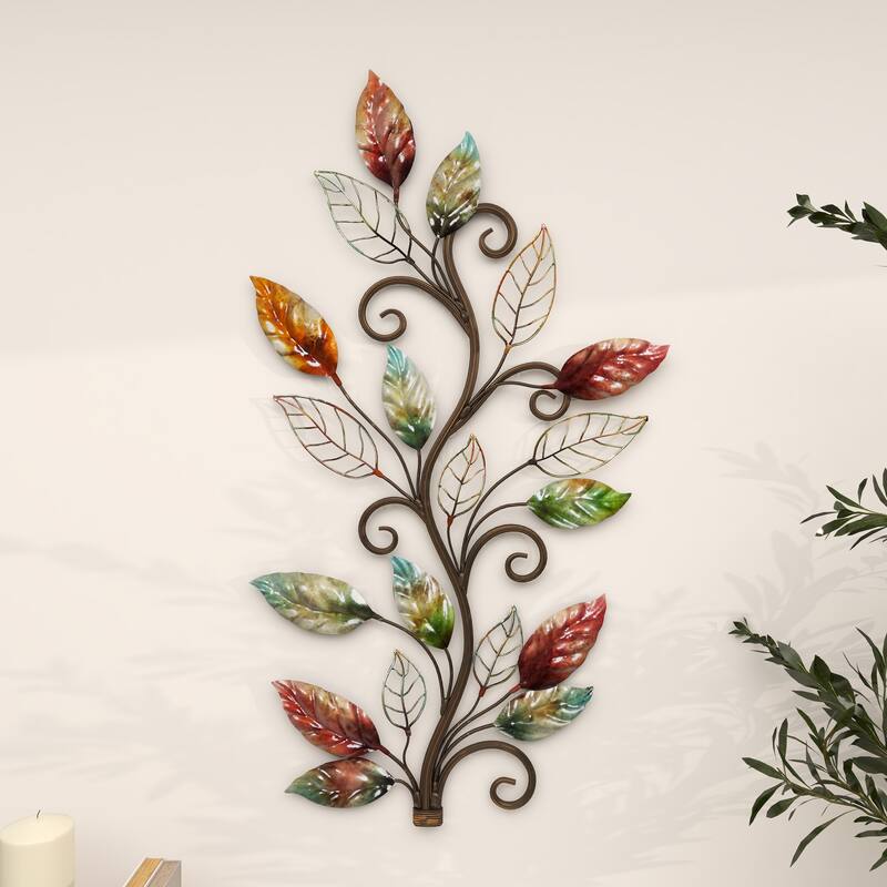 Multi Colored Metal Leaf Home Wall Decor with Scrolled Vine and Wire Leaf Accents
