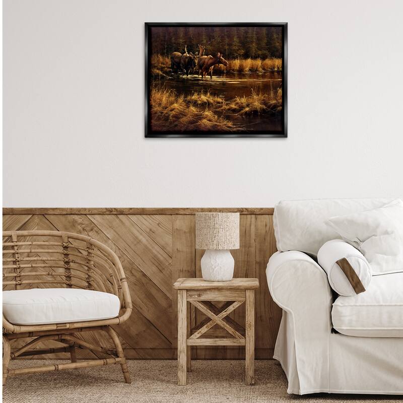 Stupell Moose Pair at Stream Framed Floater Canvas Wall Art Design By Paco Young