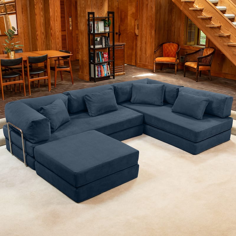 Jaxx Unsofa Modular Convertible Sectional Sofa with Fold Out King Sleeper Bed - U-Shaped Sectional. - Corduroy Indigo Blue