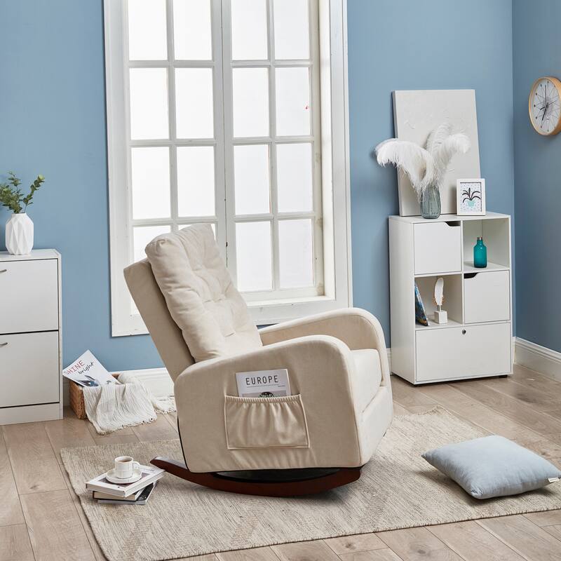 Beige Adjustable Recliner for Balcony or Tatami, with High Back Design, Solid Wood Legs, and Side Storage Pockets
