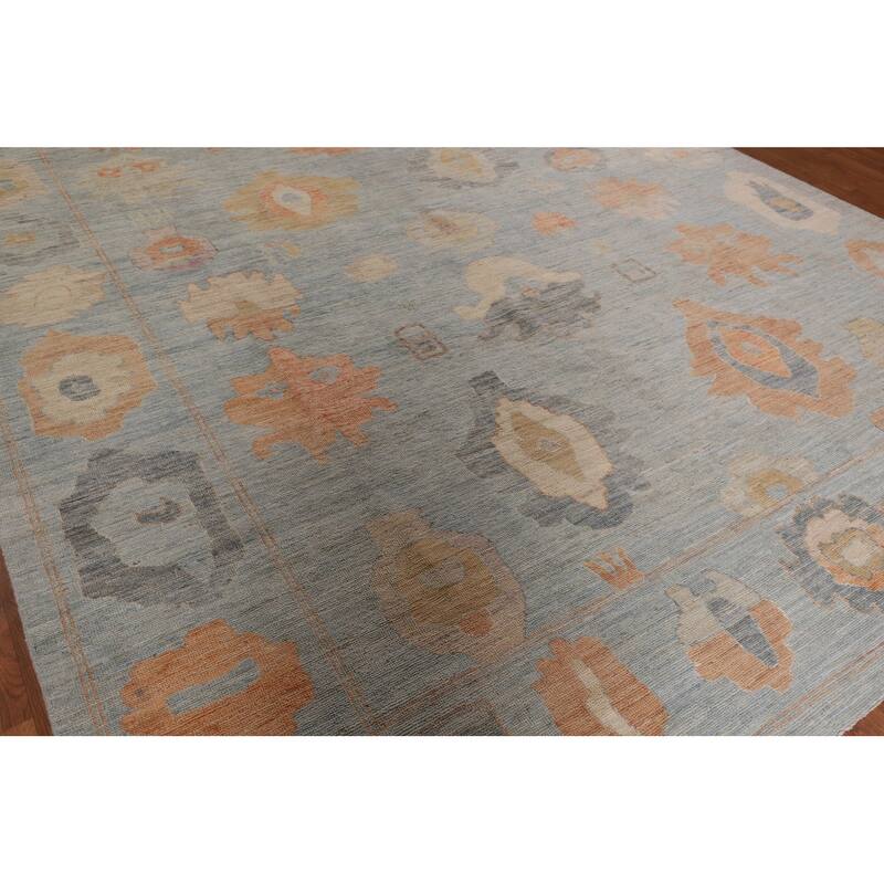 Vegetable Dye Blue Oushak Turkish Area Rug Handmade Wool Carpet - 9'4" x 11'10"