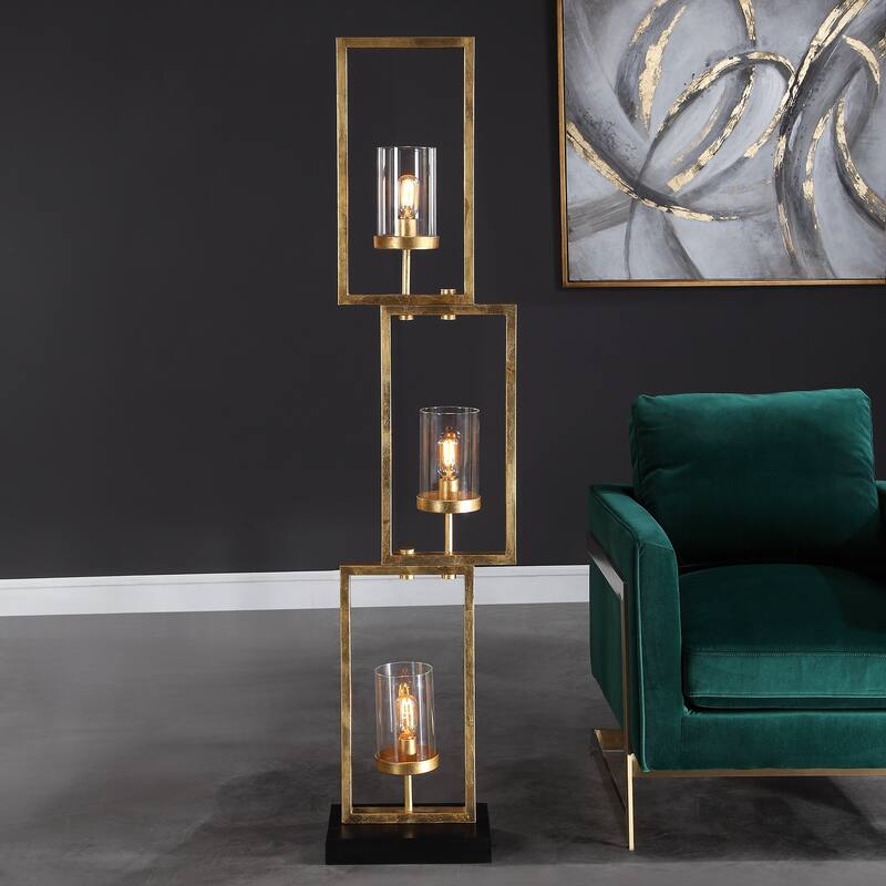 Staggered Rectangular Floor Lamp with Clear Glass Globes - 64.25" - Gold