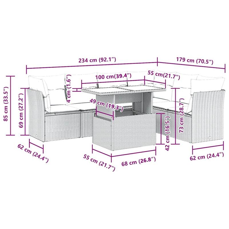 vidaXL Patio Sofa Set with Cushions Outdoor Furniture 7 Piece Poly Rattan - 21.7 x 39.4 x 28.7 in