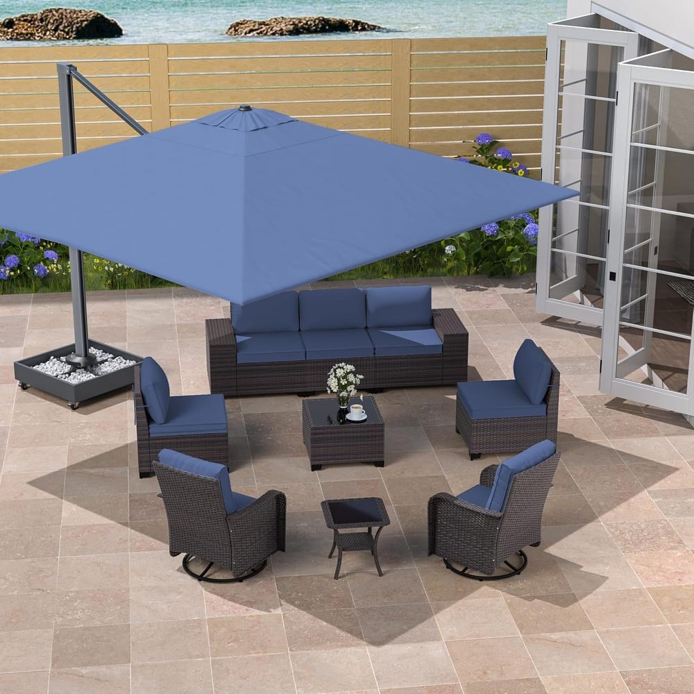Outdoor Patio Furniture Set, Conversation set with 12FT Patio Umbrella in Navy Blue and Side Table