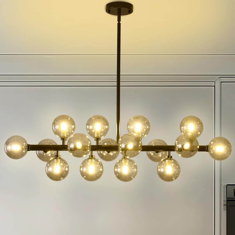 Modern 16 Light Linear Chandelier with Glass Globe Lampshade, Mid Century Sputnik Chandelier for Kitchen Island