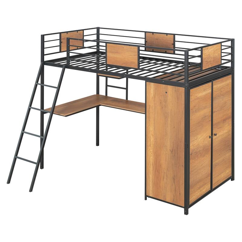 Twin Size Loft Bed with Ladder and L-Shaped Desk, Multifunctional Kids Teens Bed Frame with Storage Shelves and Wardrobe