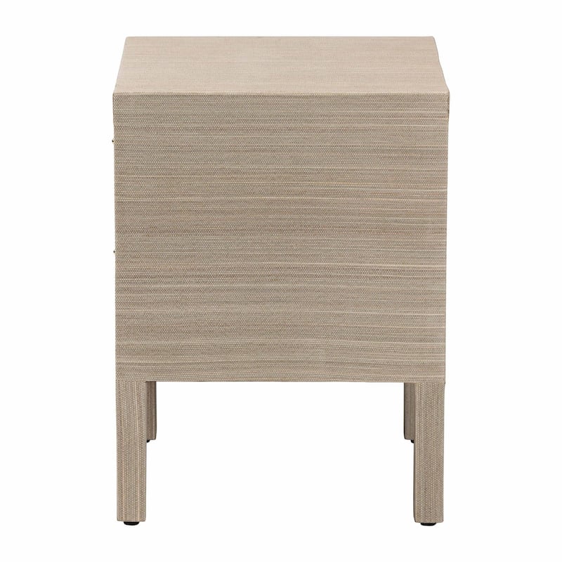 Juniper Grasscloth Nightstand with Scalloped Base - Woven Texture 2-Drawer Bedside Table with Gold Ring Pulls