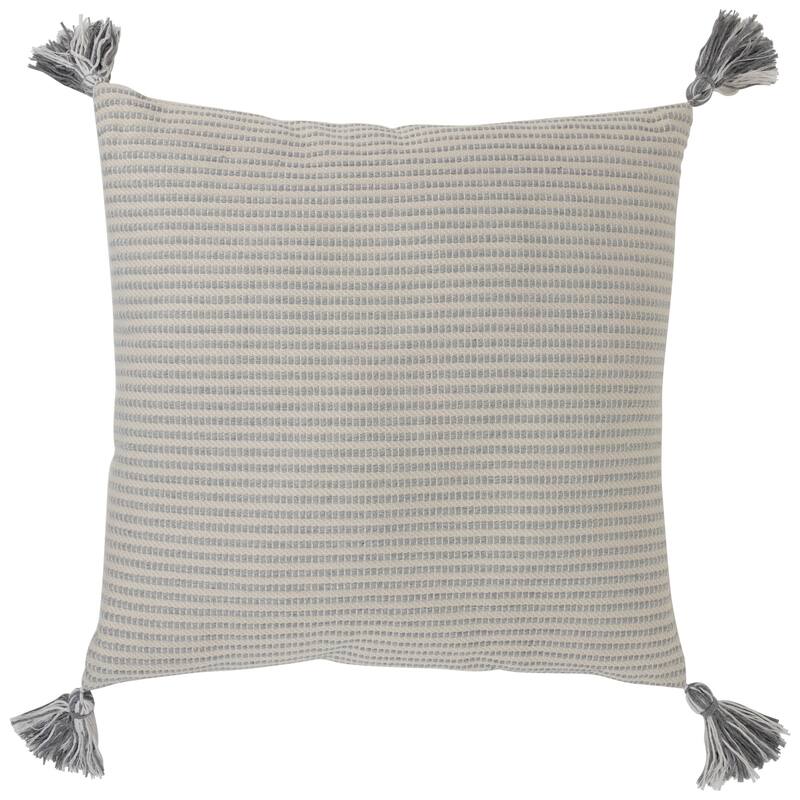 18" Double-Sided Striped and Solid White Square Woven Throw Pillow with Tassels