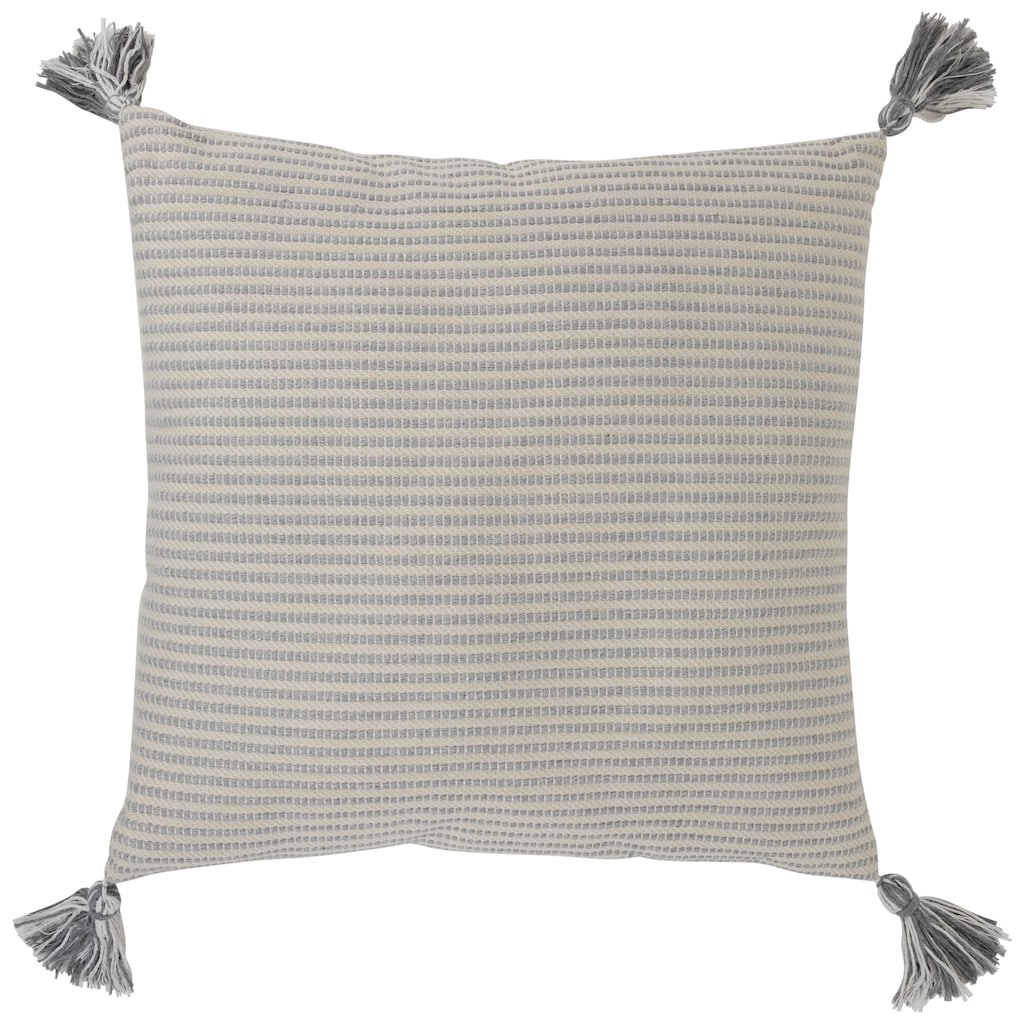 18" Double-Sided Striped and Solid White Square Woven Throw Pillow with Tassels
