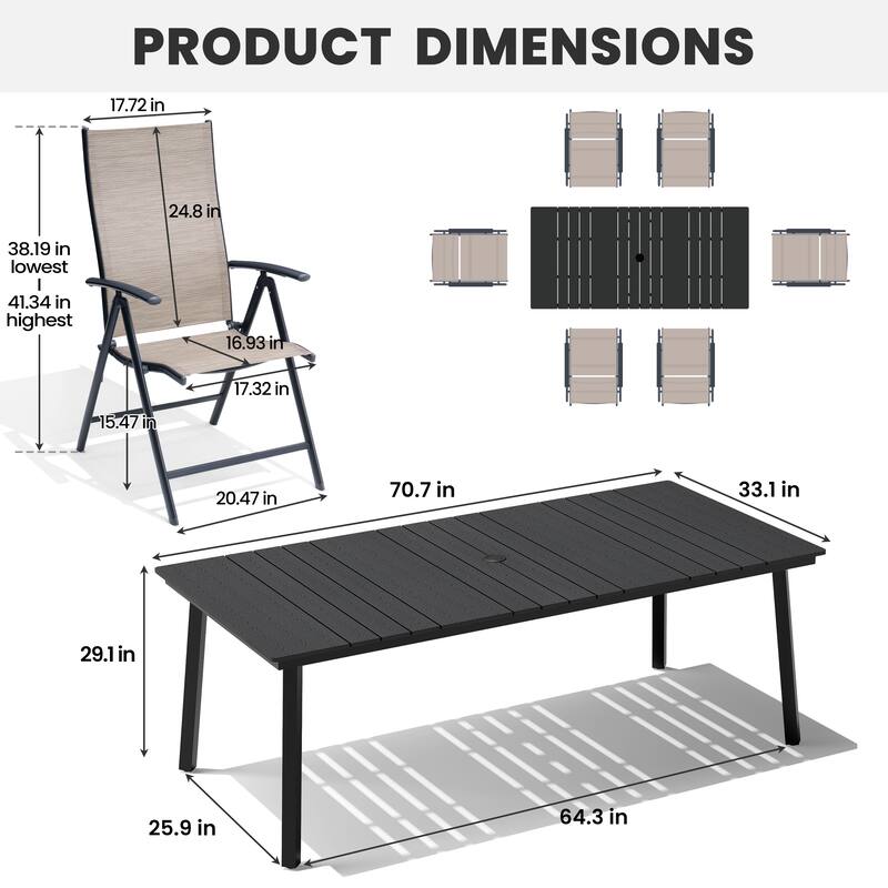 7-Piece Outdoor Rectangle Patio Dining Table with Umbrella Hole and Adjustable Folding Chairs
