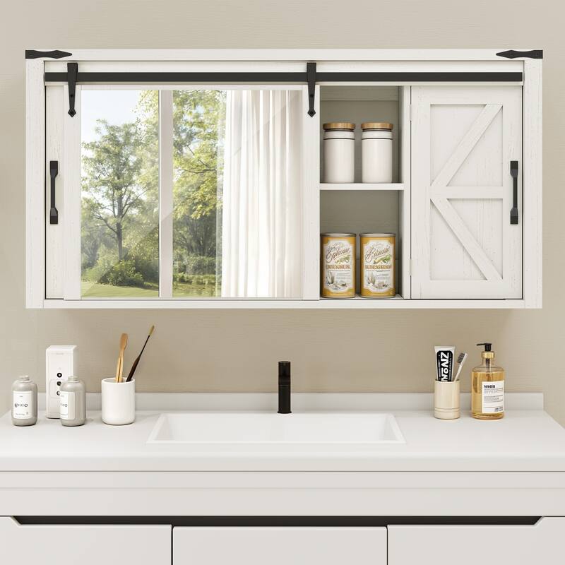 Moasis Bathroom Medicine Cabinet Wall Mounted Storage Organizer with Mirror and Sliding Barn Door