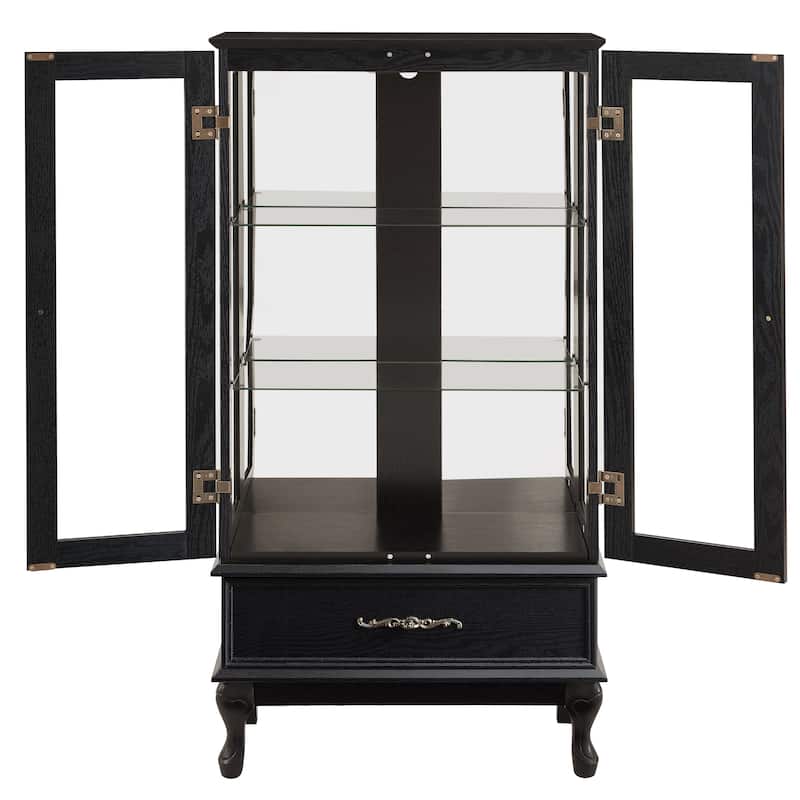 Lighted Curio Cabinet Glass Doors Adjustable Shelves 2 Door Wine Cabinet LED Black Drawer