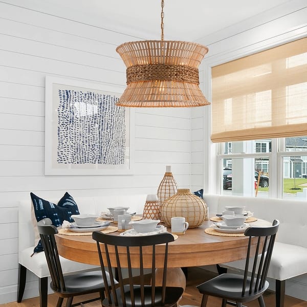 slide 2 of 17, Umber 4-Light Modern Natural Rattan Pendant Ceiling Fixture Coastal Nautical Chandelier 24 Wide - Beige