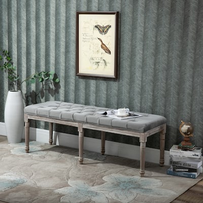 Grey Velvet Bench with Button-Tufted Cushion and Fluted Rubberwood Legs for Living Room - 56" W x 18.5" D x 20" H