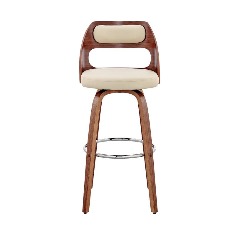 Faux Leather Swivel Bar Chair with Full Back and Walnut Wood Frame - Cream 30"