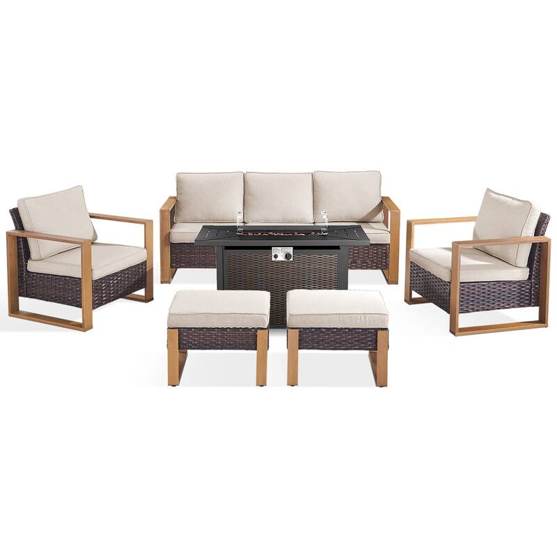 Meyreso Wicker Patio Conversation Set with Metal Fire Pit Table & Olefin Cushions