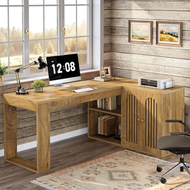 L Shaped Executive Desk with Storage Cabinet, 59-Inch Corner Office Desk