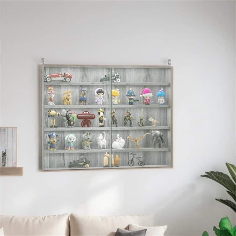 5-Tier Wall-Mounted Glass Display Cabinet with Adjustable Shelves - Gray