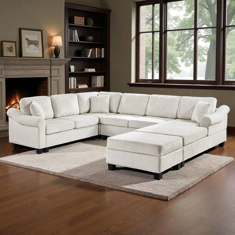 111.8" U-Shaped Chenille Sectional Sofa with Movable Storage Ottoman, Roll Arms and Accent Pillows for Living Room