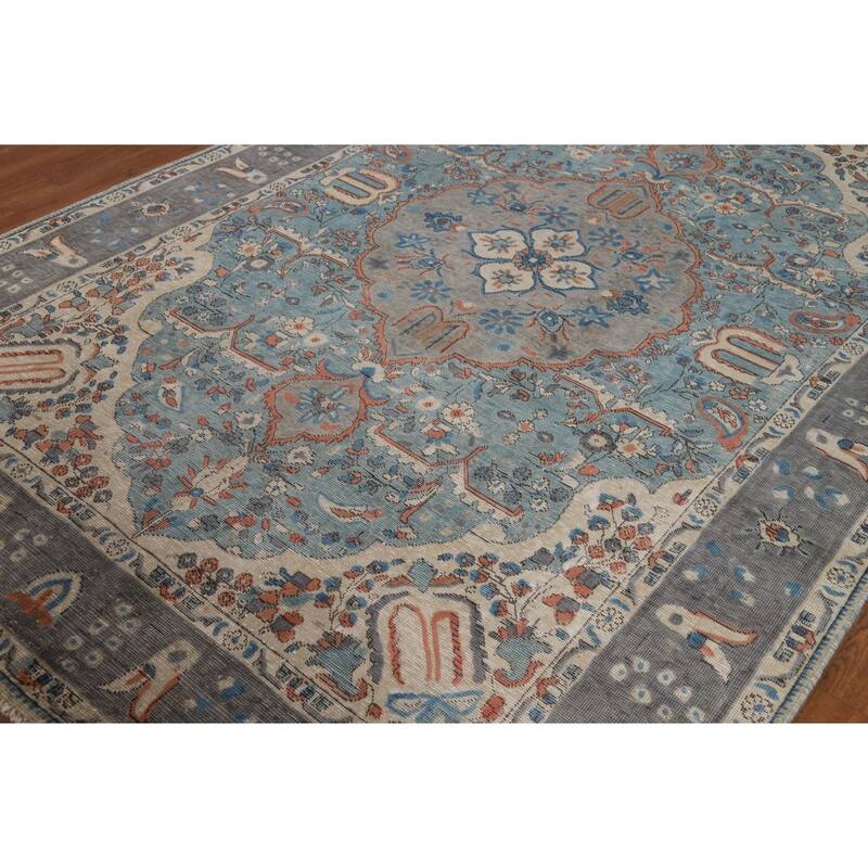 Traditional Tabriz Persian Area Rug Blue Hand-Knotted Wool Carpet - 6'5"x 9'4"