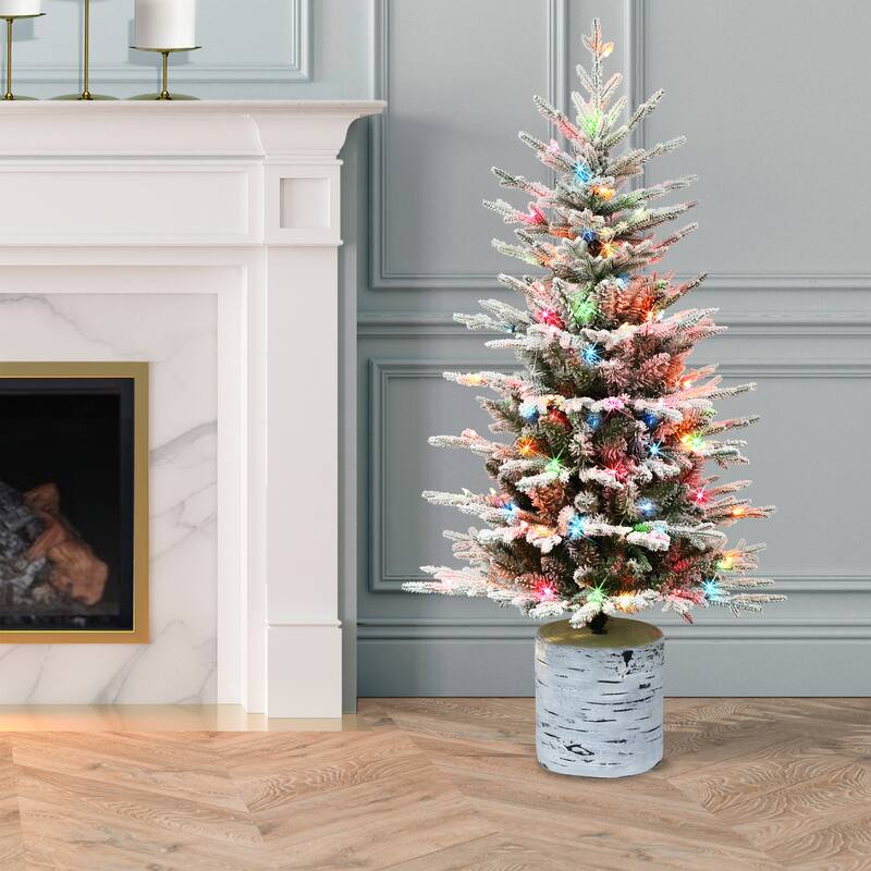 Puleo International 4.5 ft. Pre-Lit Potted Flocked Arctic Fir Artificial Christmas Tree