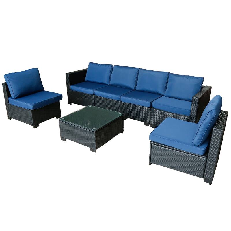 7-Piece Modular Outdoor Rattan Sofa Set, Modern Rattan Sectional with Cushions and Tempered Glass Table