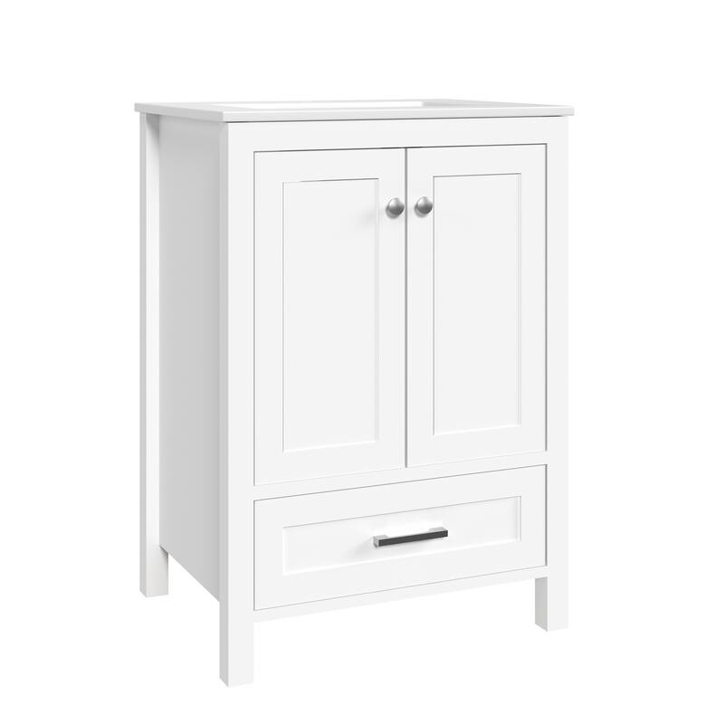 EROMMY All-in-One Bathroom Vanity with Ceramic Sink, Soft-Close Storage Cabinet & Drawer, Glossy Countertop, White