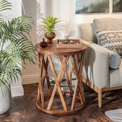 COZAYH Farmhouse End Table, Rustic Round Coffee Table with X-Motifs Legs, Wood Textured Top for Boho, French Country Decor