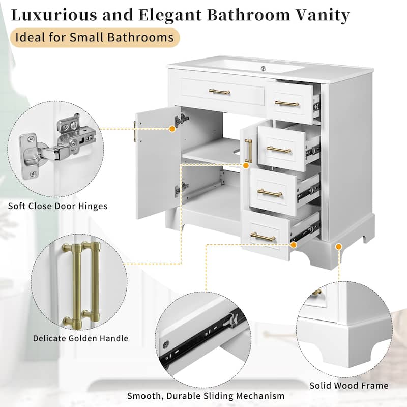 36" Luxury Elegant Bathroom Vanity with Ceramic Sink,Soft Closing Doors,4 Durable Smooth Soft-close Drawers,1 Adjustable Shelf