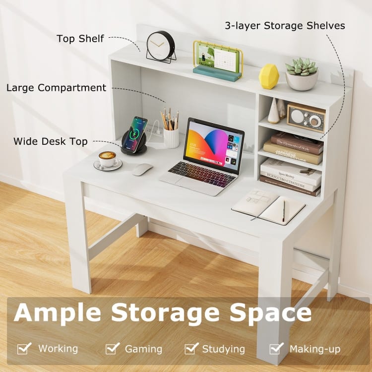 Modern White Computer Desk with Hutch & Charging Station 42.5'' MDF Workstation with USB