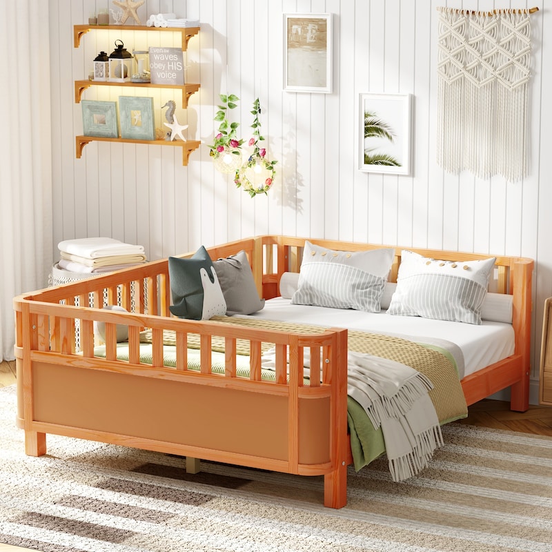 Full Size Wood Platform Bed with Rails for Kids