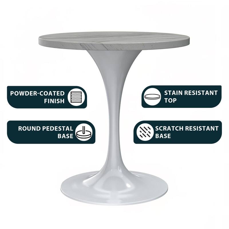 LeisureMod Verve Round Dining Table with White Resin TableTop and White Steel Base for Kitchen & Dining Room