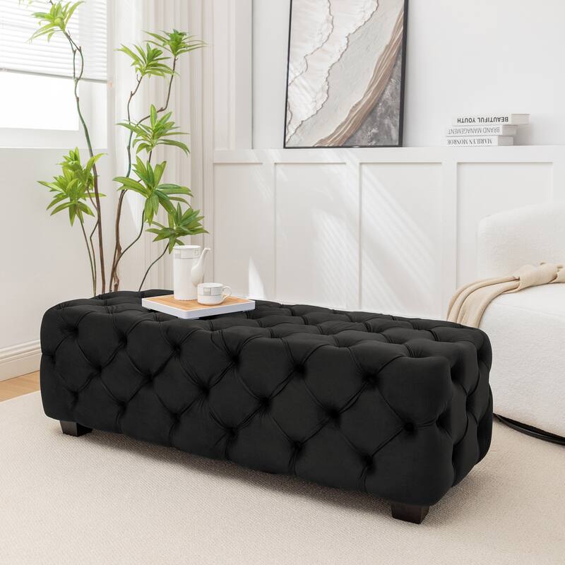 Porthos Home Kyle Velvet Ottoman Bench with Rubberwood Legs