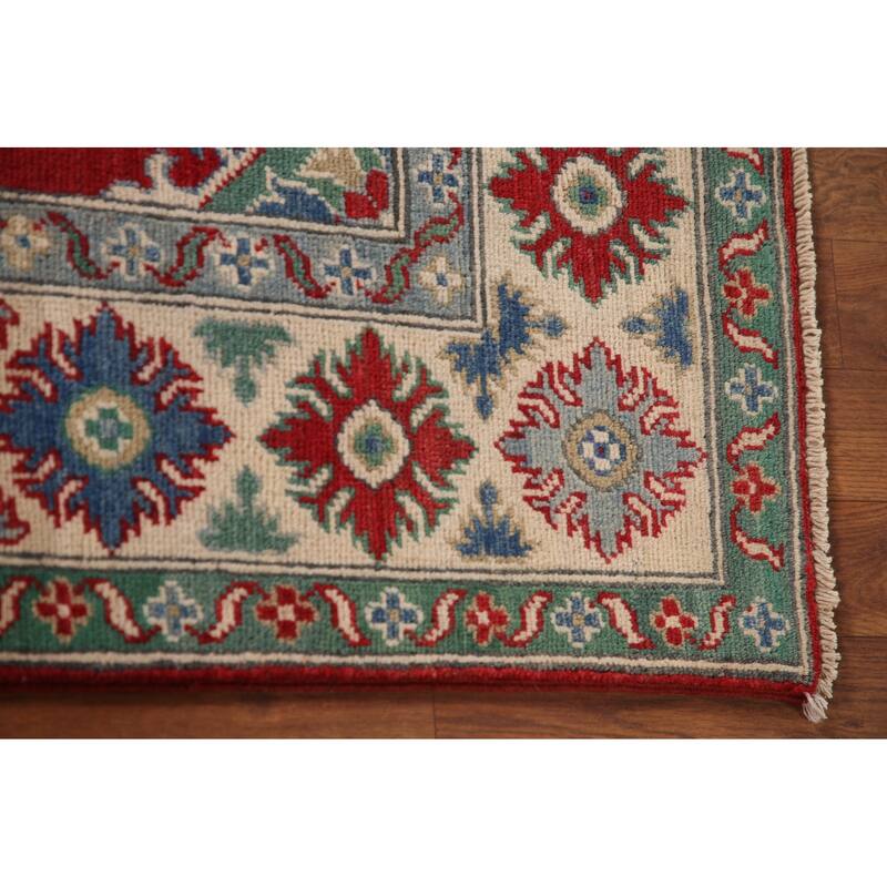 Geometric Red Kazak Area Rug Handmade Wool Carpet - 5'2" x 6'9"