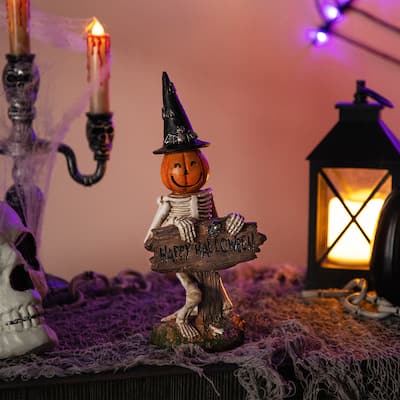 Jack-O-Lantern Skeleton in Witch's Hat and Happy Halloween Sign - 9.5"