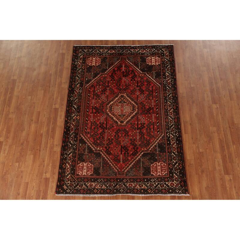 Red Qashqai Persian Vintage Area Rug Handmade Wool Carpet - 5'2"x 7'8"