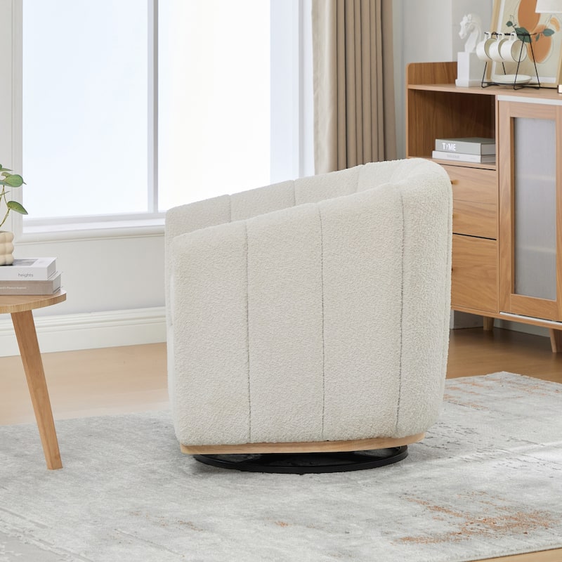 Chenille Upholstered Swivel Barrel Chair, Tufted Pumpkin-Shape Club Armchair, Lounge Reading Chair with Metal Base
