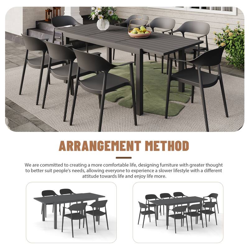 Outdoor Dining Set 9-Piece Stackable Plastic Lightweight Curved Backrest Armchair and Extendable Dining Table