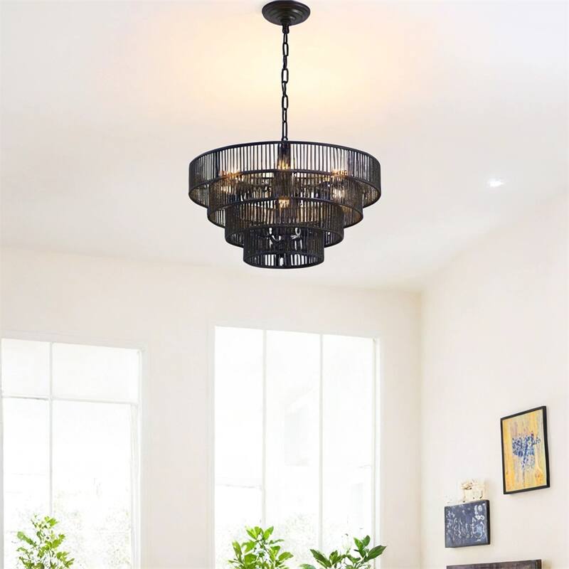20" Rustic 4-Tier Black Hemp Rope Pendant Light Chandelier,No Bulb