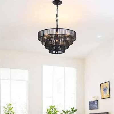 20" Rustic 4-Tier Black Hemp Rope Pendant Light Chandelier,No Bulb