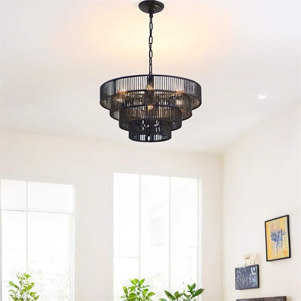 20" Rustic 4-Tier Black Hemp Rope Pendant Light Chandelier,No Bulb