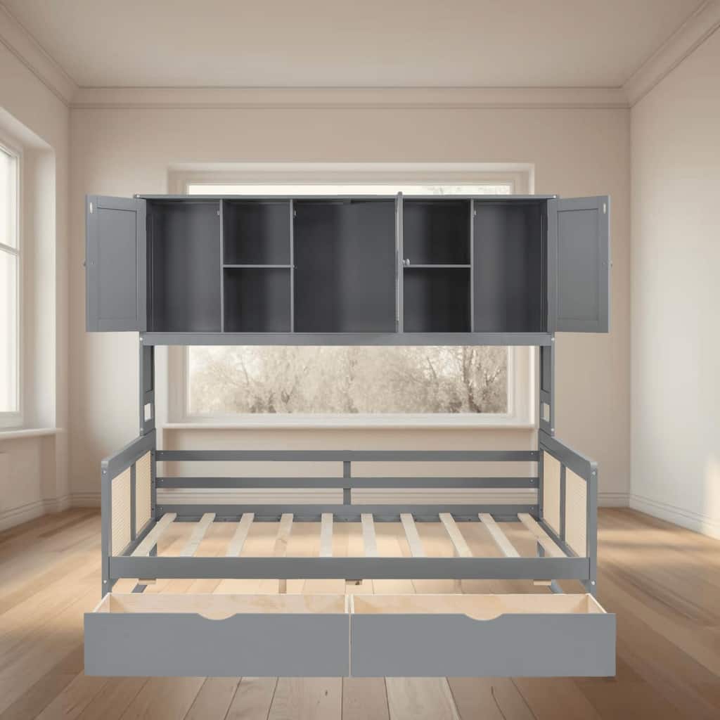 Full Size Wooden Daybed with 2 Drawers and All-in-One Cabinet and Shelf for Practical Bedroom Storage, Platform Bed Frame