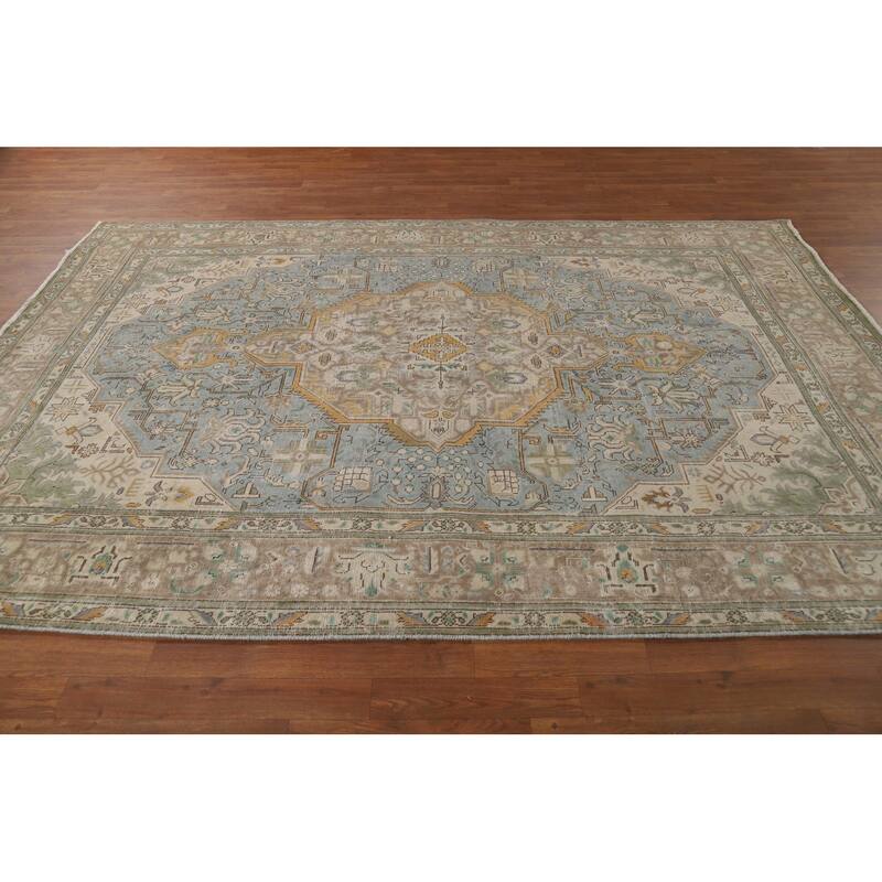 Geometric Blue Tabriz Persian Area Rug Handmade Blue Wool Carpet - 6'7"x 9'8"