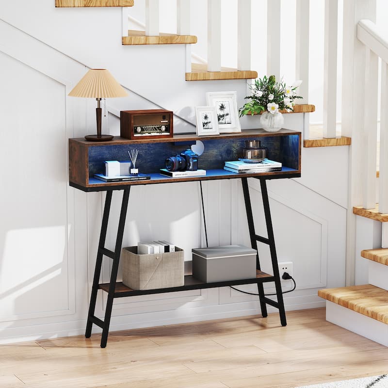 Gymax 40'' Console Table w/ Power Strip 3-Tier Entryway Table w/ RGB