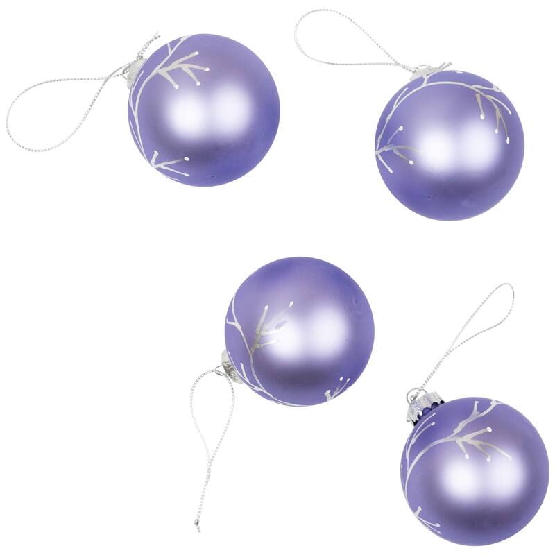 4Ct Matte Purple Glass Ball Christmas Ornaments Branch Design 2.5"